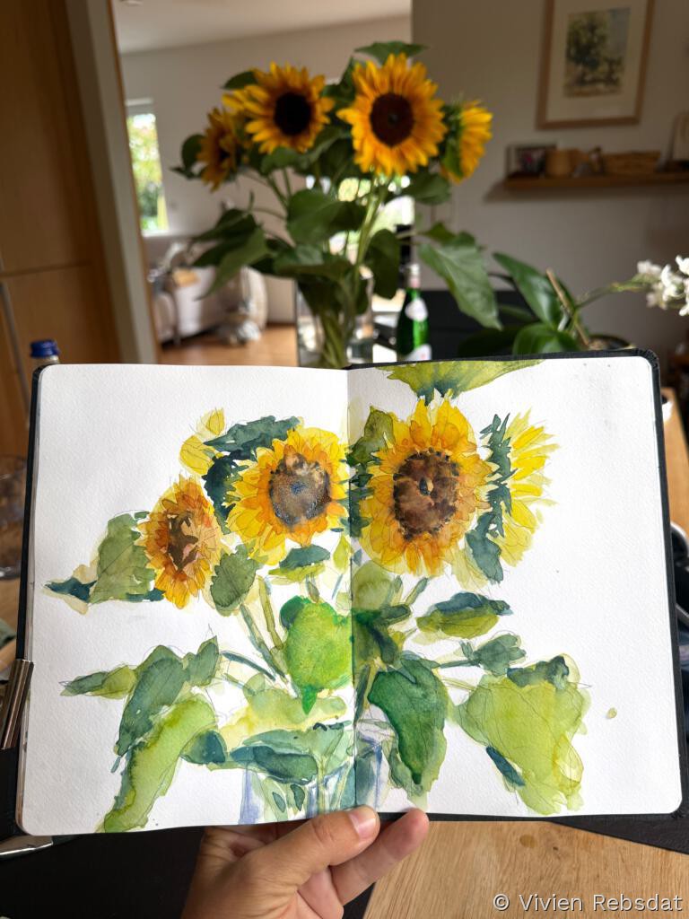 Sonnenblumenstrauß in Aquarell im Skizzenbuch - Seite ohne Finish
