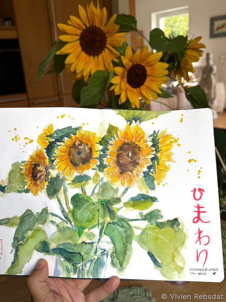 Sonnenblumenstrauß in Aquarell im Skizzenbuch - Seite mit Finish