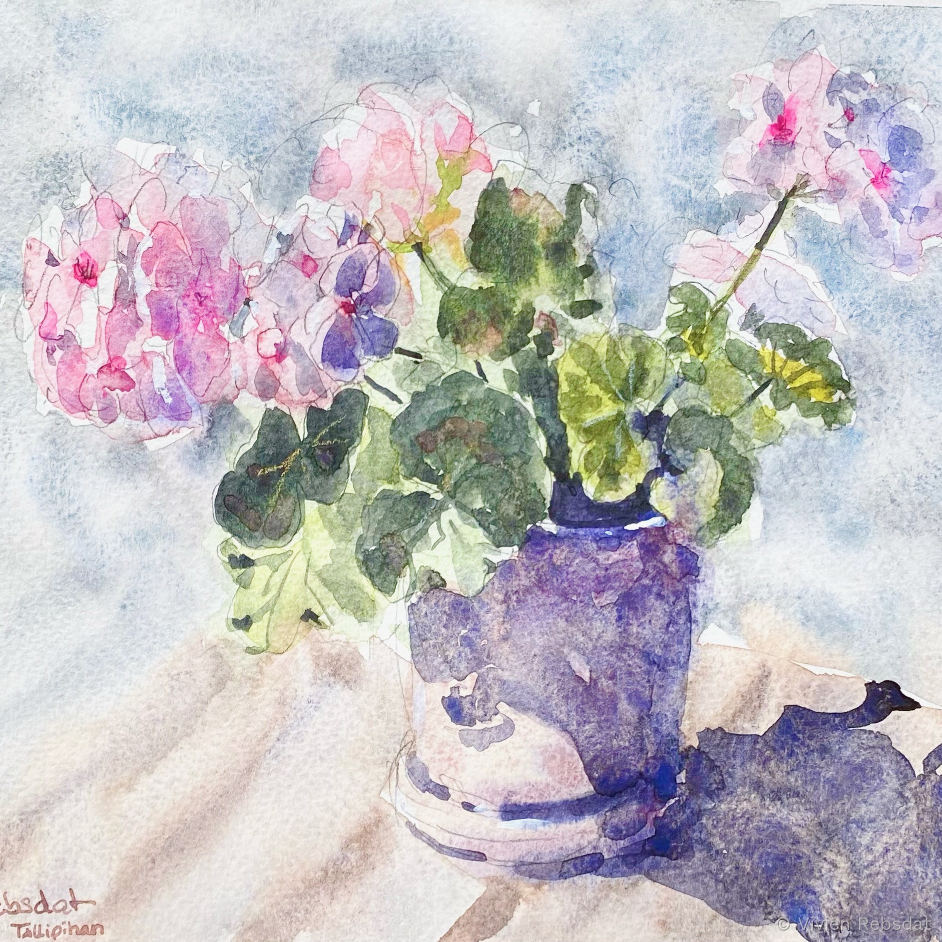 Aquarell: Geranie in der Sonne
