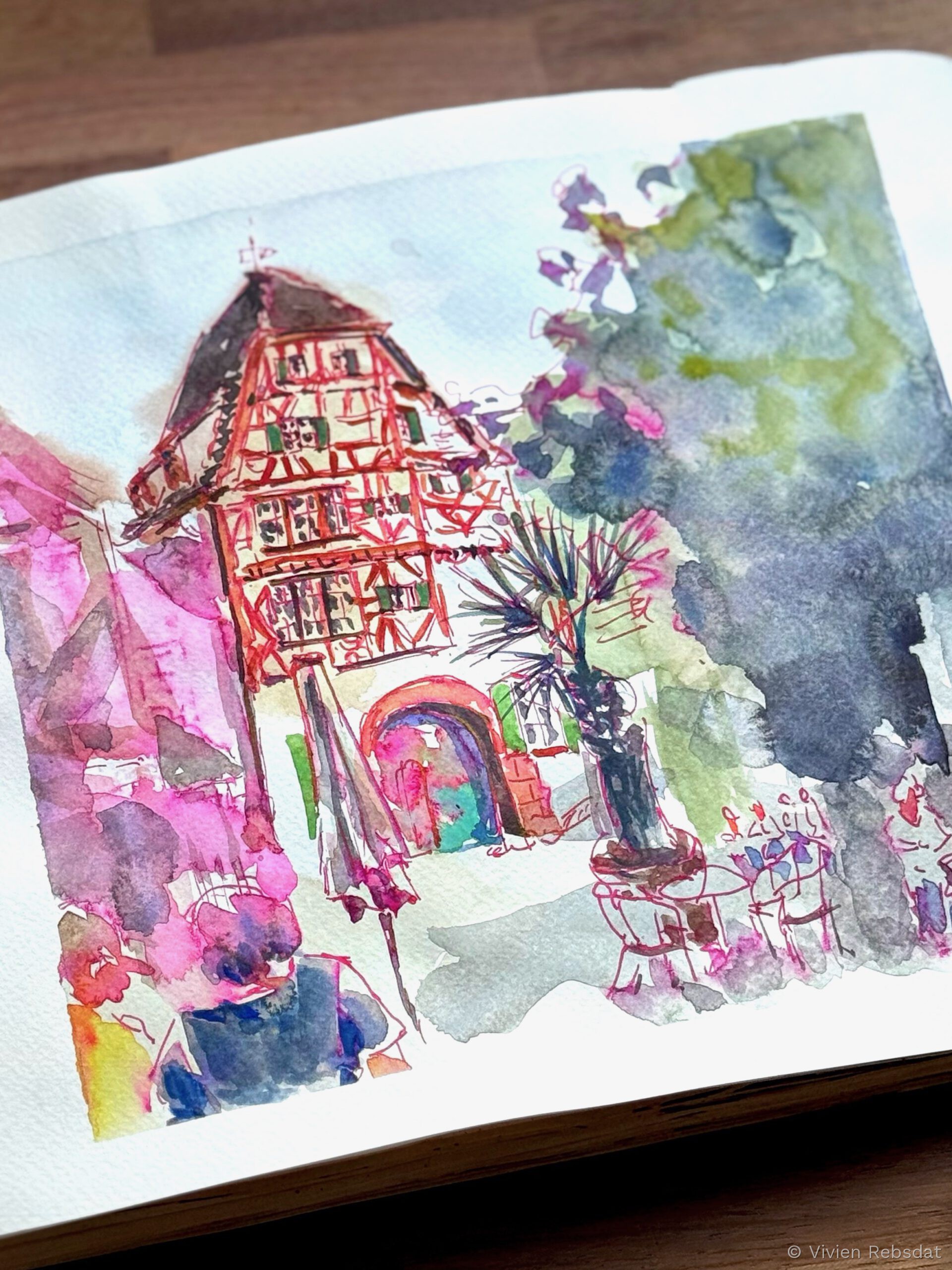Fachwerkhaus in Ladenburg, Aquarell und rote Schreibtinte